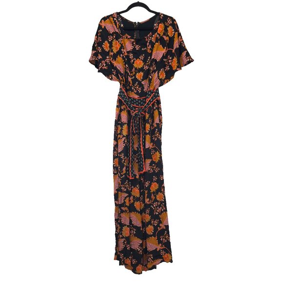MAEVE Anthropologie Botanical Floral Black Belted Flutter Sleeve Jumpsuit Size L - Picture 4 of 12